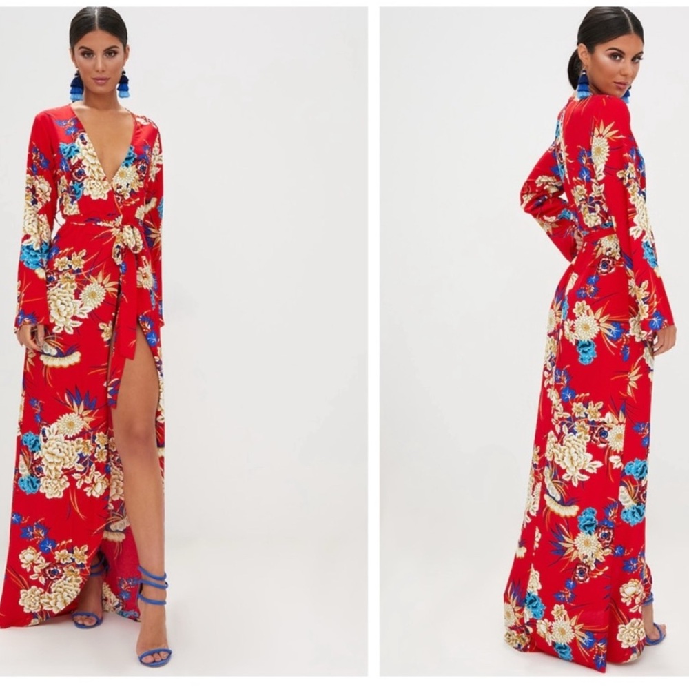 PrettyLittleThing Red floral print Kimodo maxi dress